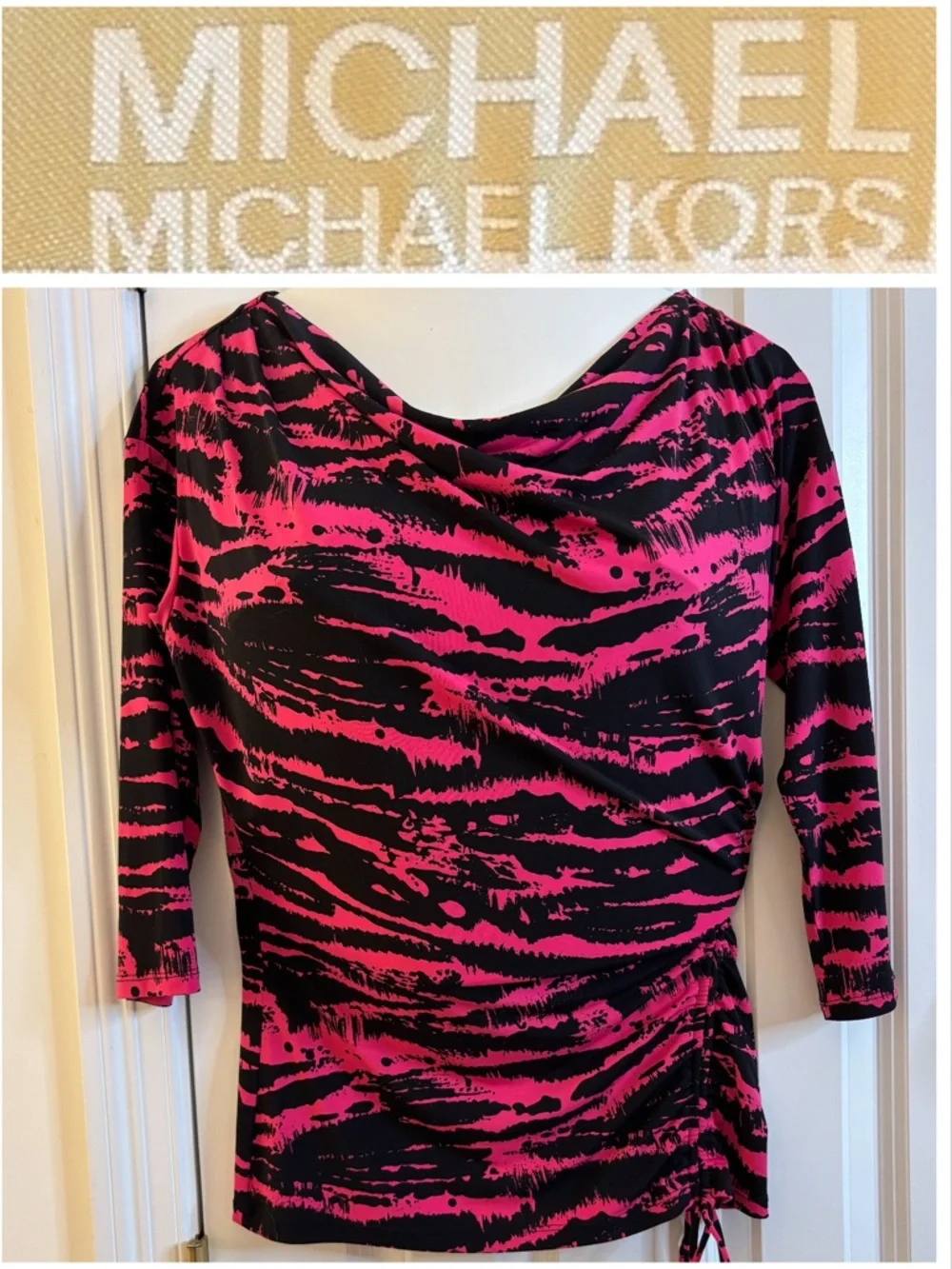 Michael Kors Top Black Pink Tiger Animal Cowl-Neck Ruched medium stretch casual